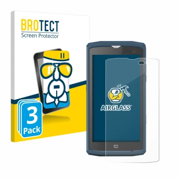 Parte frontal de un envase de producto con el logotipo de la marca BROTECT. Al lado se muestra el dispositivo Crosscall Core X