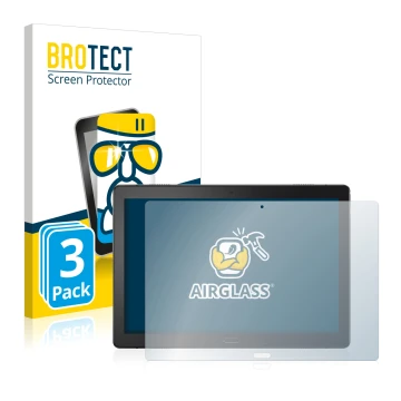 Parte frontal de un envase de producto con el logotipo de la marca BROTECT. Al lado se muestra el dispositivo Lenovo Tab P10 (