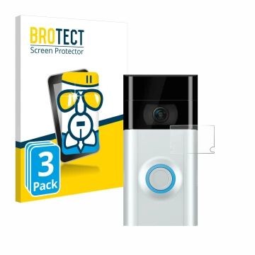 Parte frontal de un envase de producto con el logotipo de la marca BROTECT. Al lado se muestra el dispositivo Ring Doorbell 2 