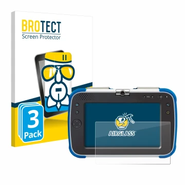 Parte frontal de un envase de producto con el logotipo de la marca BROTECT. Al lado se muestra el dispositivo Vtech Storio Max