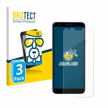 Parte frontal de un envase de producto con el logotipo de la marca BROTECT. Al lado se muestra el dispositivo Google Pixel 3a 