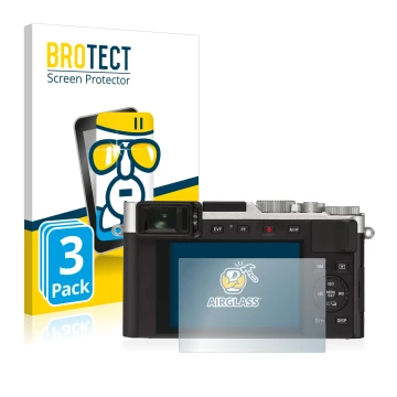 Parte frontal de un envase de producto con el logotipo de la marca BROTECT. Al lado se muestra el dispositivo Leica D-Lux 7 co