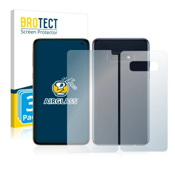 Parte frontal de un envase de producto con el logotipo de la marca BROTECT. Al lado se muestra el dispositivo Samsung Galaxy S