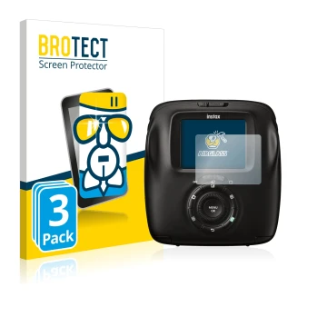 Parte frontal de un envase de producto con el logotipo de la marca BROTECT. Al lado se muestra el dispositivo Fujifilm Instax 