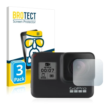 Parte frontal de un envase de producto con el logotipo de la marca BROTECT. Al lado se muestra el dispositivo GoPro Hero 7 Bla