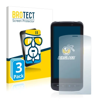 Parte frontal de un envase de producto con el logotipo de la marca BROTECT. Al lado se muestra el dispositivo Newland MT90 Orc