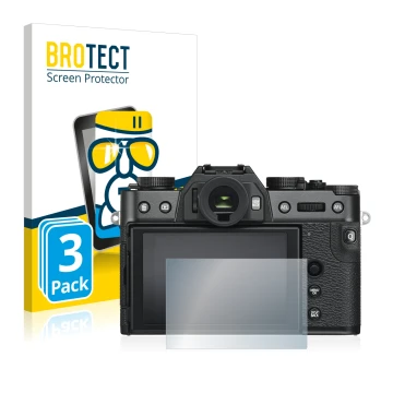 Parte frontal de un envase de producto con el logotipo de la marca BROTECT. Al lado se muestra el dispositivo Fujifilm X-T30 c