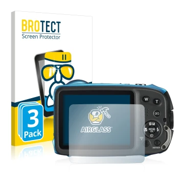 Parte frontal de un envase de producto con el logotipo de la marca BROTECT. Al lado se muestra el dispositivo Fujifilm FinePix