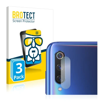 Parte frontal de un envase de producto con el logotipo de la marca BROTECT. Al lado se muestra el dispositivo Xiaomi Mi 9 (SÓL