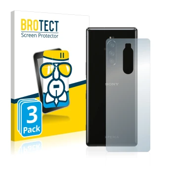 Parte frontal de un envase de producto con el logotipo de la marca BROTECT. Al lado se muestra el dispositivo Sony Xperia 1 (T