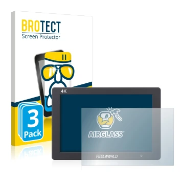 Parte frontal de un envase de producto con el logotipo de la marca BROTECT. Al lado se muestra el dispositivo Feelworld T7 7