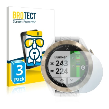 Parte frontal de un envase de producto con el logotipo de la marca BROTECT. Al lado se muestra el dispositivo Garmin Approach 