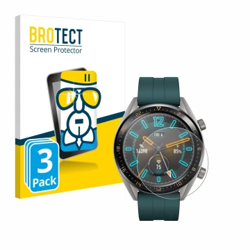 Parte frontal de un envase de producto con el logotipo de la marca BROTECT. Al lado se muestra el dispositivo Huawei Watch GT 