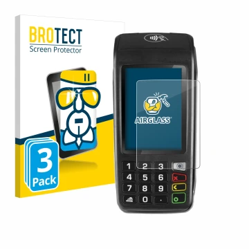 Parte frontal de un envase de producto con el logotipo de la marca BROTECT. Al lado se muestra el dispositivo ingenico Move/50