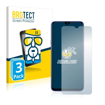 Parte frontal de un envase de producto con el logotipo de la marca BROTECT. Al lado se muestra el dispositivo realme 3 Pro con