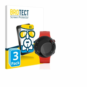 Parte frontal de un envase de producto con el logotipo de la marca BROTECT. Al lado se muestra el dispositivo Garmin Forerunne