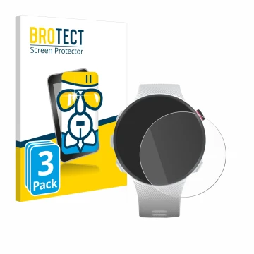 Parte frontal de un envase de producto con el logotipo de la marca BROTECT. Al lado se muestra el dispositivo Garmin Forerunne