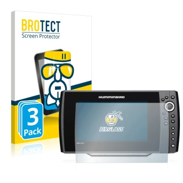 Parte frontal de un envase de producto con el logotipo de la marca BROTECT. Al lado se muestra el dispositivo Humminbird Helix