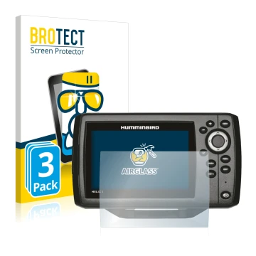 Parte frontal de un envase de producto con el logotipo de la marca BROTECT. Al lado se muestra el dispositivo Humminbird Helix