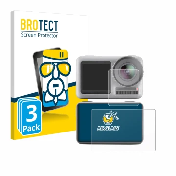 Parte frontal de un envase de producto con el logotipo de la marca BROTECT. Al lado se muestra el dispositivo DJI Osmo Action 