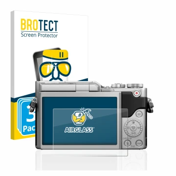 Parte frontal de un envase de producto con el logotipo de la marca BROTECT. Al lado se muestra el dispositivo Panasonic Lumix 
