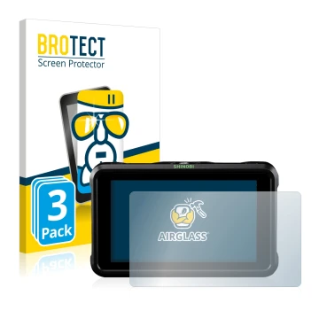 Parte frontal de un envase de producto con el logotipo de la marca BROTECT. Al lado se muestra el dispositivo Atomos Shinobi S