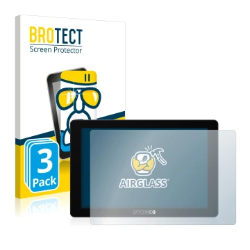 Parte frontal de un envase de producto con el logotipo de la marca BROTECT. Al lado se muestra el dispositivo SmallHD 702 Touc