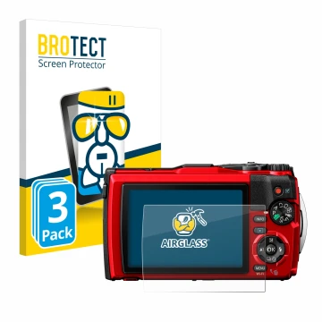Parte frontal de un envase de producto con el logotipo de la marca BROTECT. Al lado se muestra el dispositivo Olympus Tough TG