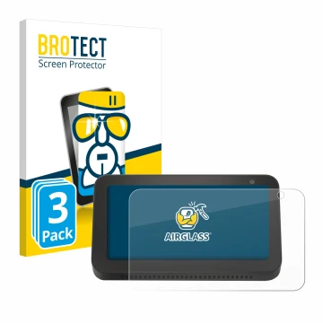 Parte frontal de un envase de producto con el logotipo de la marca BROTECT. Al lado se muestra el dispositivo Amazon Echo Show