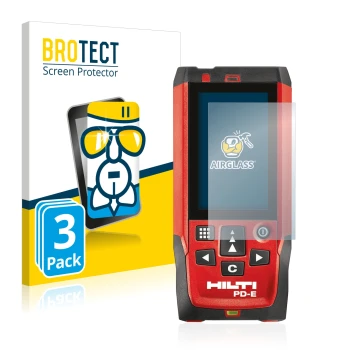 Parte frontal de un envase de producto con el logotipo de la marca BROTECT. Al lado se muestra el dispositivo Hilti PD-E con s