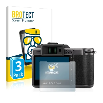 Parte frontal de un envase de producto con el logotipo de la marca BROTECT. Al lado se muestra el dispositivo Hasselblad X1D I
