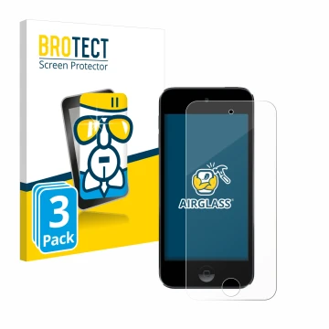 Parte frontal de un envase de producto con el logotipo de la marca BROTECT. Al lado se muestra el dispositivo Apple iPod Touch