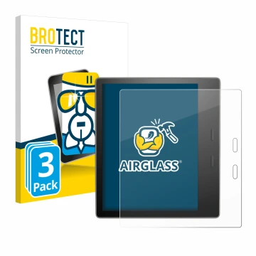 Parte frontal de un envase de producto con el logotipo de la marca BROTECT. Al lado se muestra el dispositivo Amazon Kindle Oa