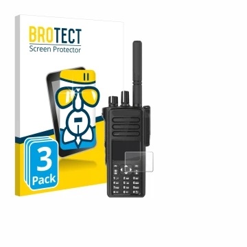 Parte frontal de un envase de producto con el logotipo de la marca BROTECT. Al lado se muestra el dispositivo Motorola DP4801e