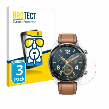 Parte frontal de un envase de producto con el logotipo de la marca BROTECT. Al lado se muestra el dispositivo Huawei Watch GT 