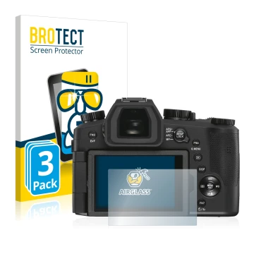 Parte frontal de un envase de producto con el logotipo de la marca BROTECT. Al lado se muestra el dispositivo Leica V-LUX 5 co