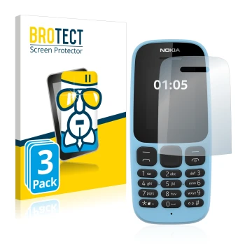 Parte frontal de un envase de producto con el logotipo de la marca BROTECT. Al lado se muestra el dispositivo Nokia 105 2019 c