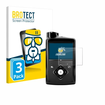 Parte frontal de un envase de producto con el logotipo de la marca BROTECT. Al lado se muestra el dispositivo Medtronic Minime