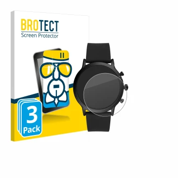 Parte frontal de un envase de producto con el logotipo de la marca BROTECT. Al lado se muestra el dispositivo Fossil The Carly