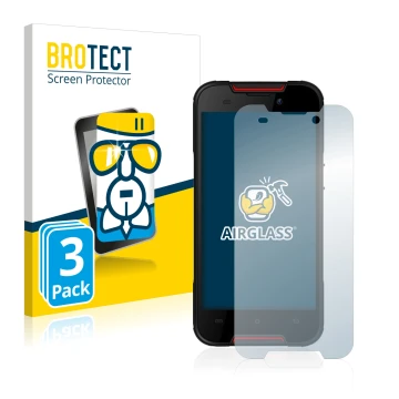 Parte frontal de un envase de producto con el logotipo de la marca BROTECT. Al lado se muestra el dispositivo Cubot Quest Lite