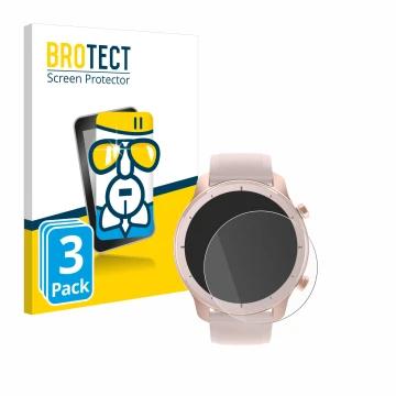 Parte frontal de un envase de producto con el logotipo de la marca BROTECT. Al lado se muestra el dispositivo Huami Amazfit GT