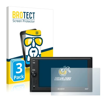 Parte frontal de un envase de producto con el logotipo de la marca BROTECT. Al lado se muestra el dispositivo Sony XAV-AX1005D