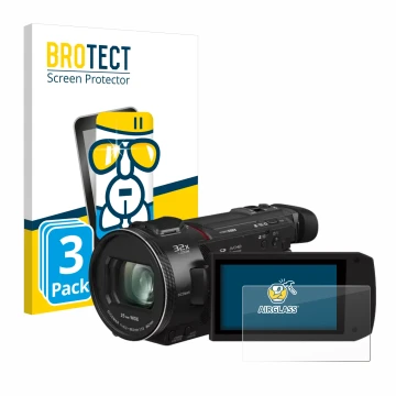 Parte frontal de un envase de producto con el logotipo de la marca BROTECT. Al lado se muestra el dispositivo Panasonic HC-VXF