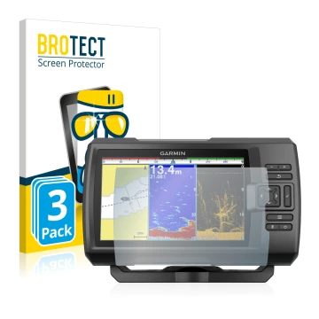 Parte frontal de un envase de producto con el logotipo de la marca BROTECT. Al lado se muestra el dispositivo Garmin Striker P