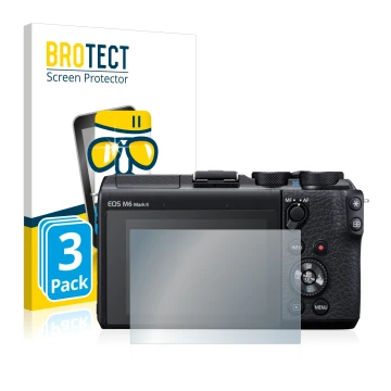Parte frontal de un envase de producto con el logotipo de la marca BROTECT. Al lado se muestra el dispositivo Canon EOS M6 Mar