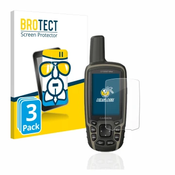 Parte frontal de un envase de producto con el logotipo de la marca BROTECT. Al lado se muestra el dispositivo Garmin GPSMAP 64