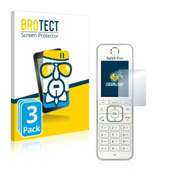 Parte frontal de un envase de producto con el logotipo de la marca BROTECT. Al lado se muestra el dispositivo AVM Fritz!Fon C6