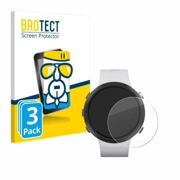 Parte frontal de un envase de producto con el logotipo de la marca BROTECT. Al lado se muestra el dispositivo Garmin Swim 2 co
