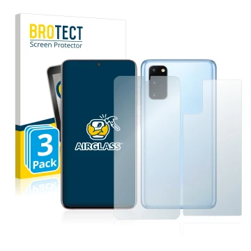 Parte frontal de un envase de producto con el logotipo de la marca BROTECT. Al lado se muestra el dispositivo Samsung Galaxy S
