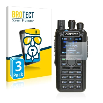 Parte frontal de un envase de producto con el logotipo de la marca BROTECT. Al lado se muestra el dispositivo AnyTone AT-D878U